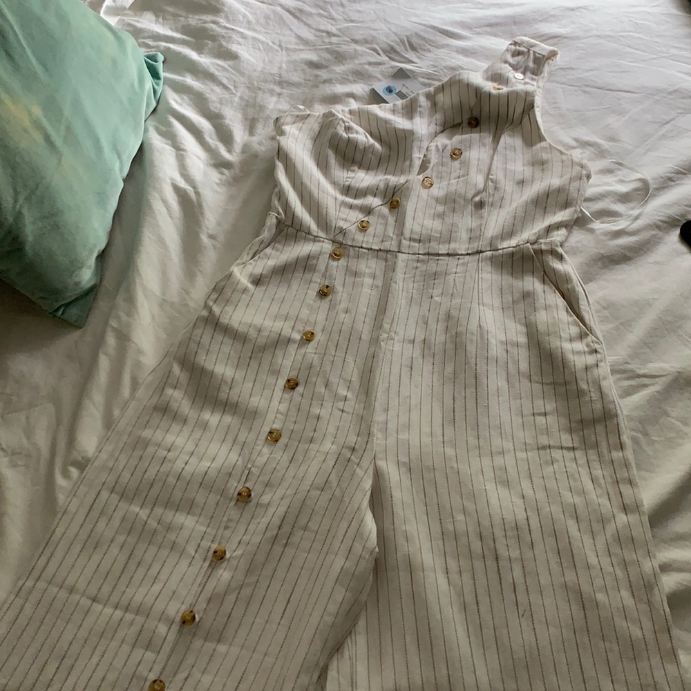 Jumpsuit striped button up leg one shoulder